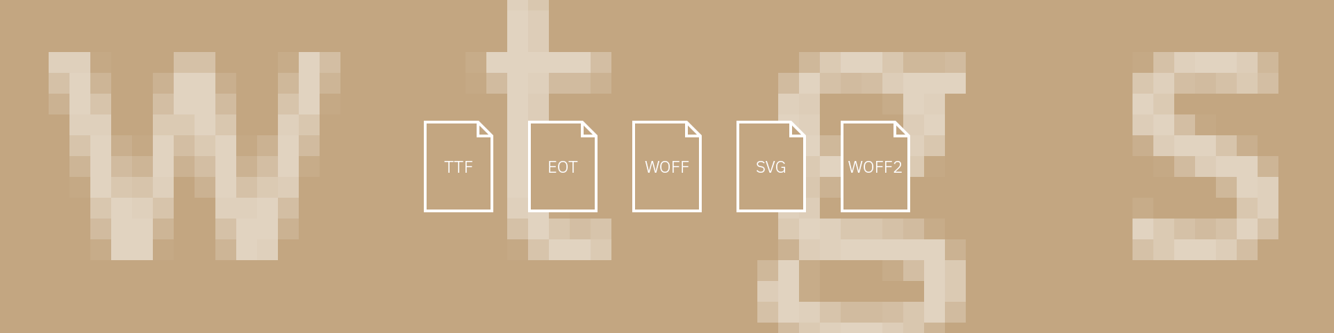 Grafische Übersicht über Webfont-Formate: TTF, EOT, WOFF, SVG und WOFF2.